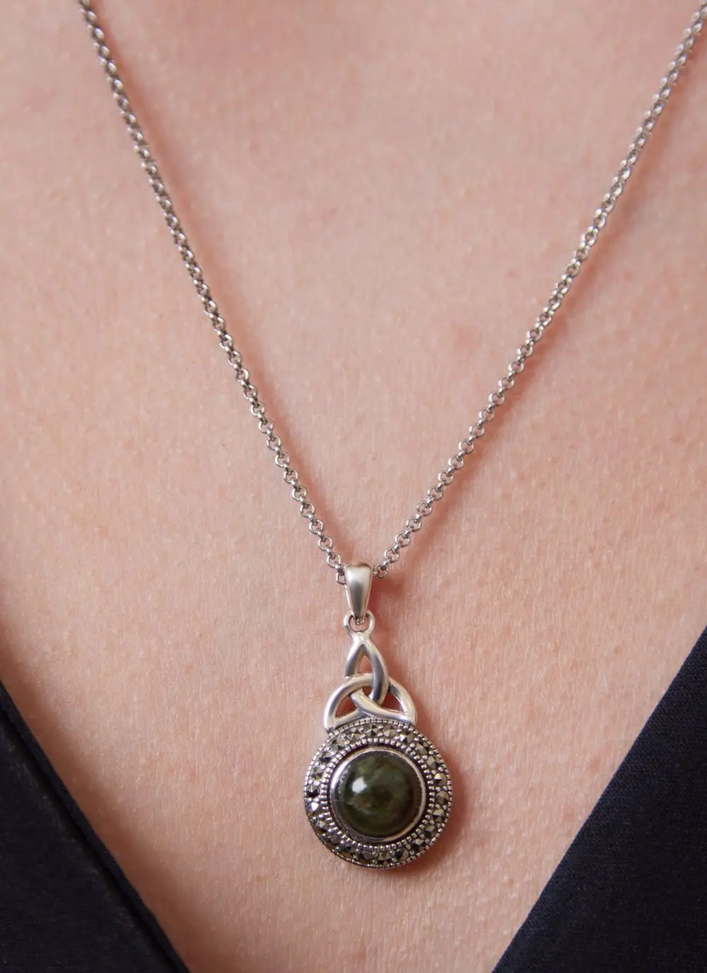 Sterling Silver & Connemara Marble Trinity Knot Pendant with Marcasite 